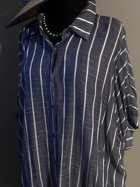 Striped Navy Blue Button-Front Women's Blouse